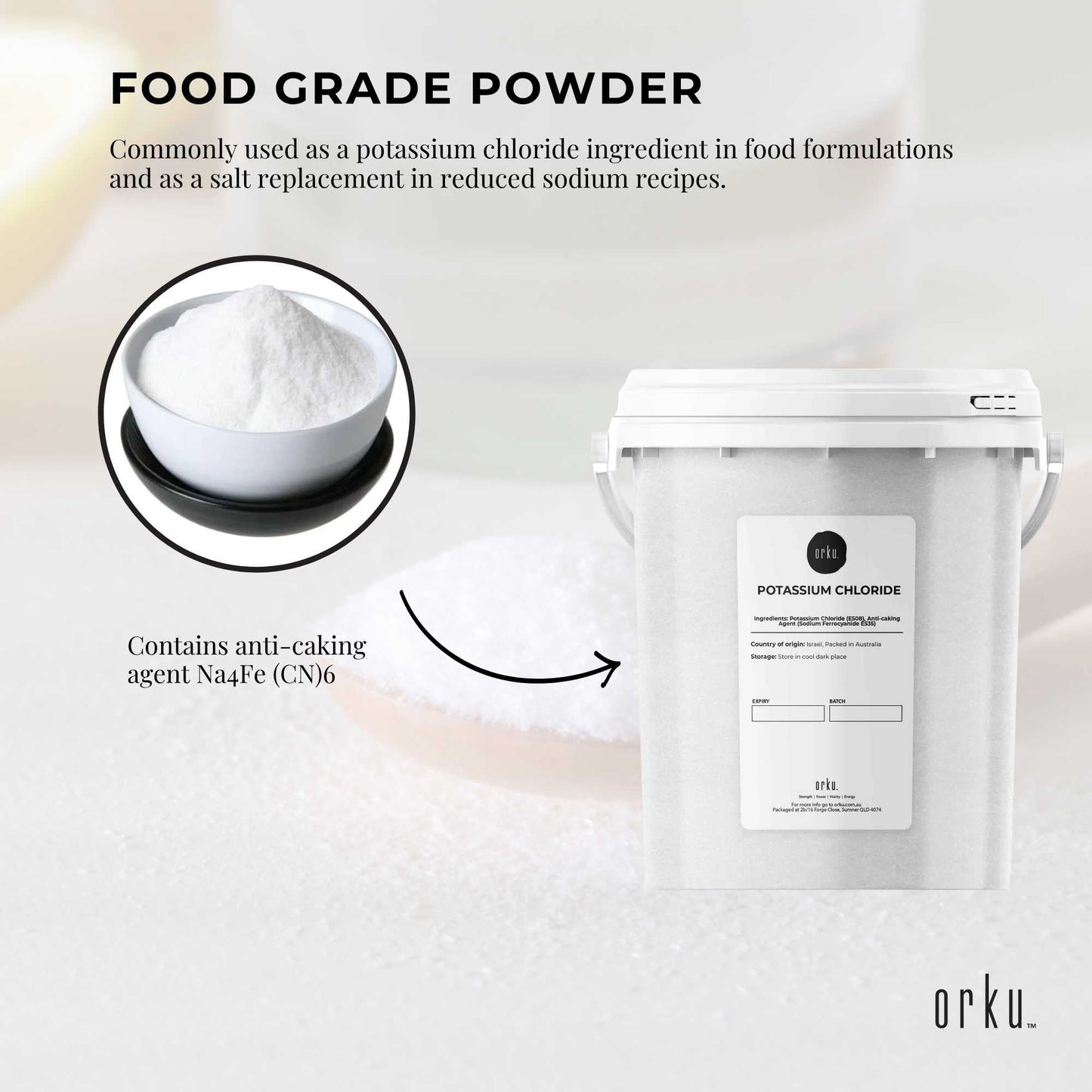 Orku 2Kg Potassium Chloride Powder (KCl) - Food Grade E508 Salt Substitute