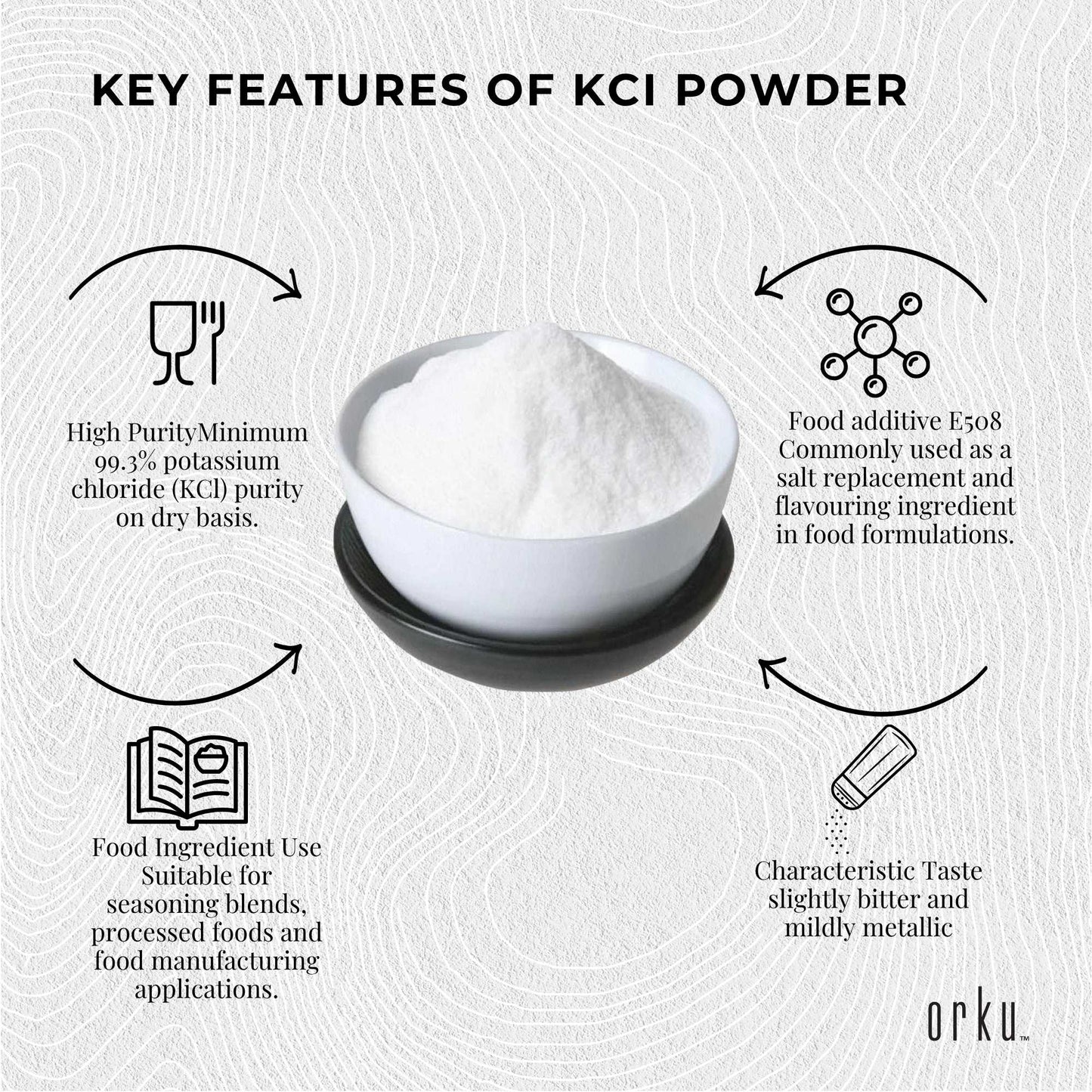 Orku 2Kg Potassium Chloride Powder (KCl) - Food Grade E508 Salt Substitute