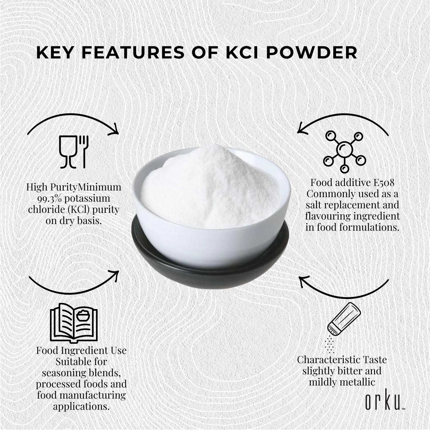 Orku 2Kg Potassium Chloride Powder (KCl) - Food Grade E508 Salt Substitute