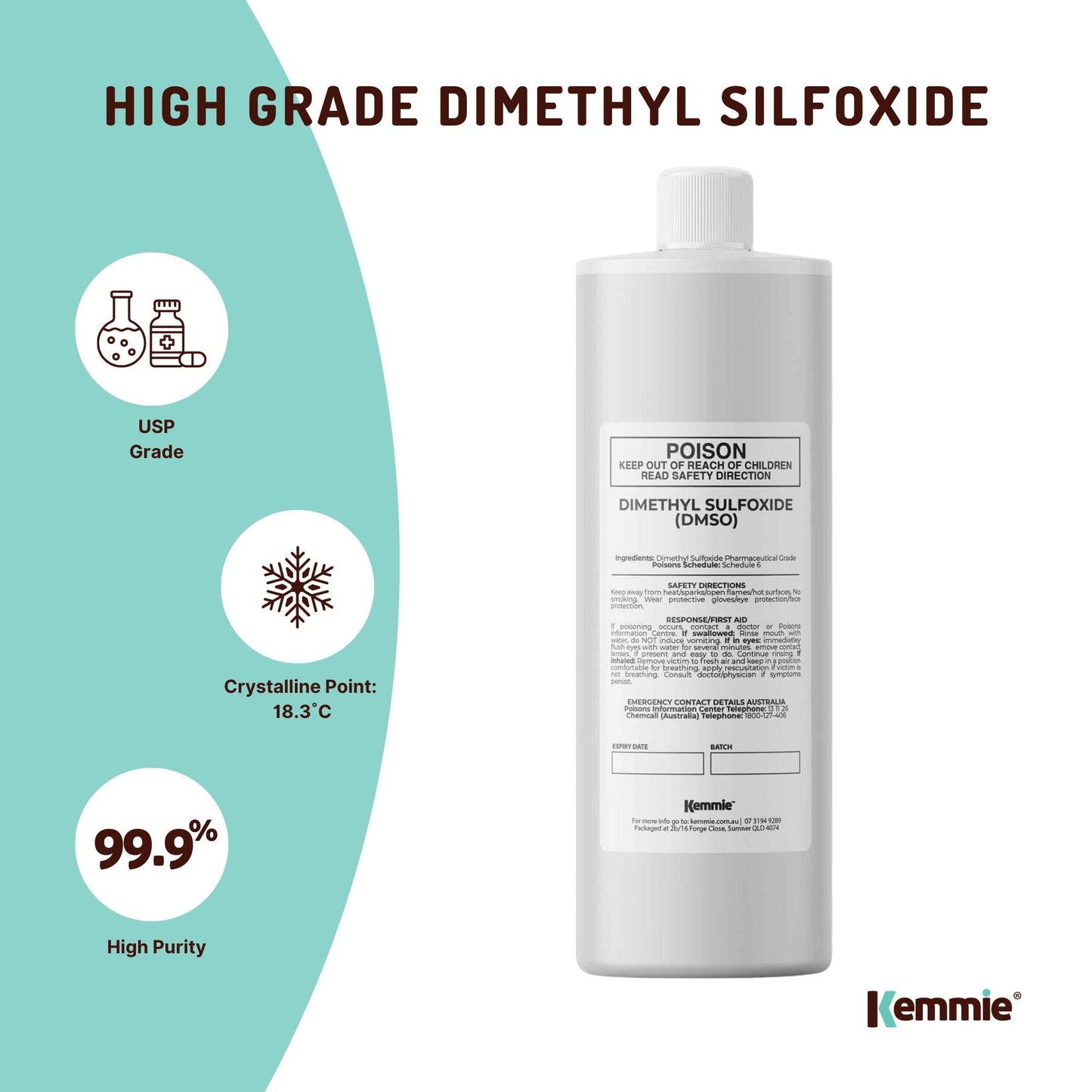 Kemmie 250ml DMSO Liquid 99.9% Pure - USP Grade Dimethyl Sulfoxide Solvent