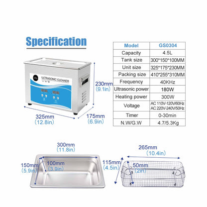 4.5L Digital Ultrasonic Cleaner - Ultra Sonic Bath Jewellery Cleaning.