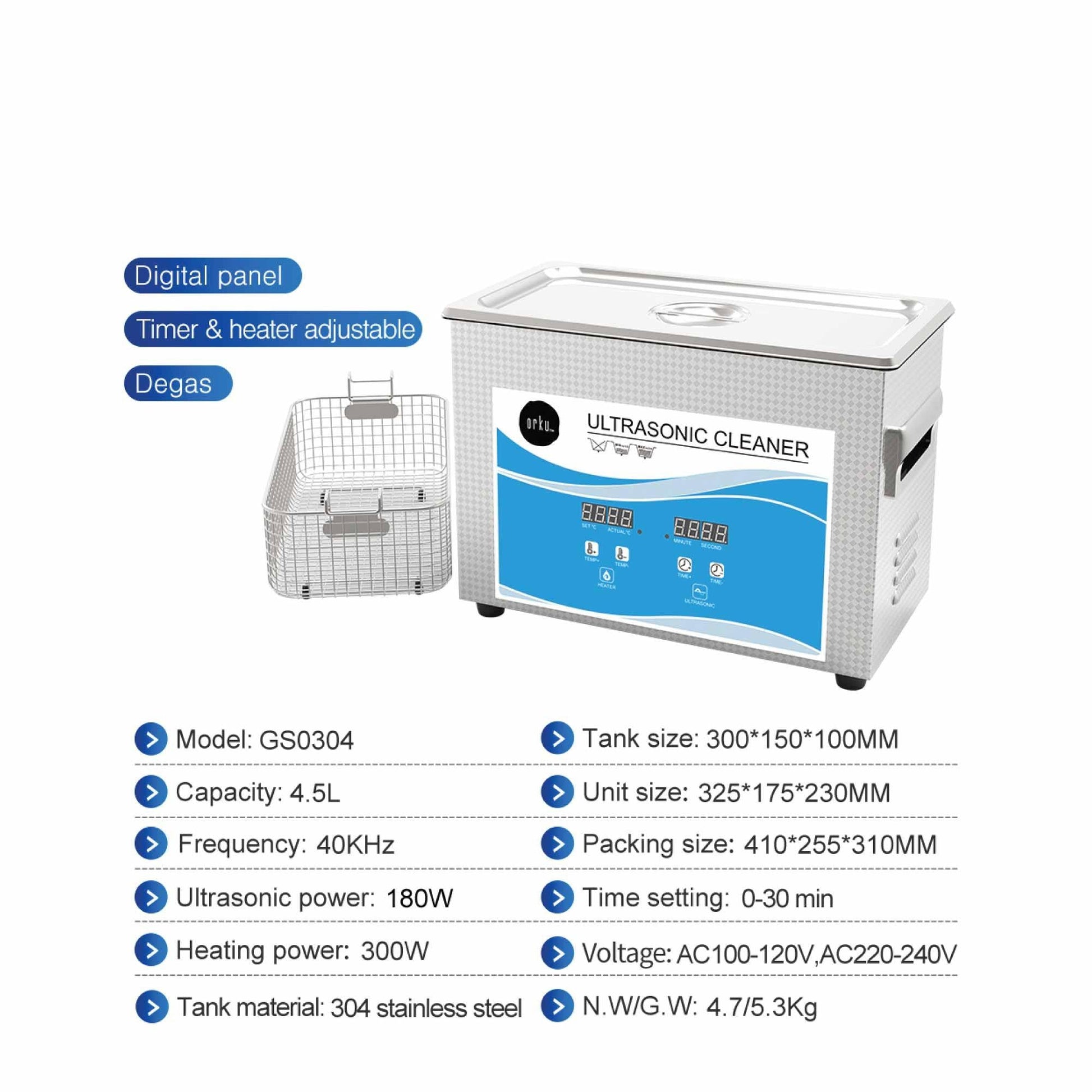 4.5L Digital Ultrasonic Cleaner - Ultra Sonic Bath Jewellery Cleaning.