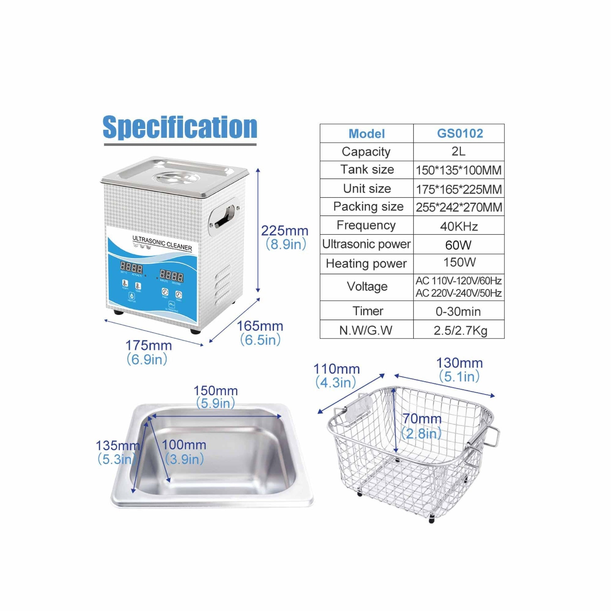 2L Digital Ultrasonic Cleaner Jewelry Ultra Sonic Bath Degas Parts Cleaning.