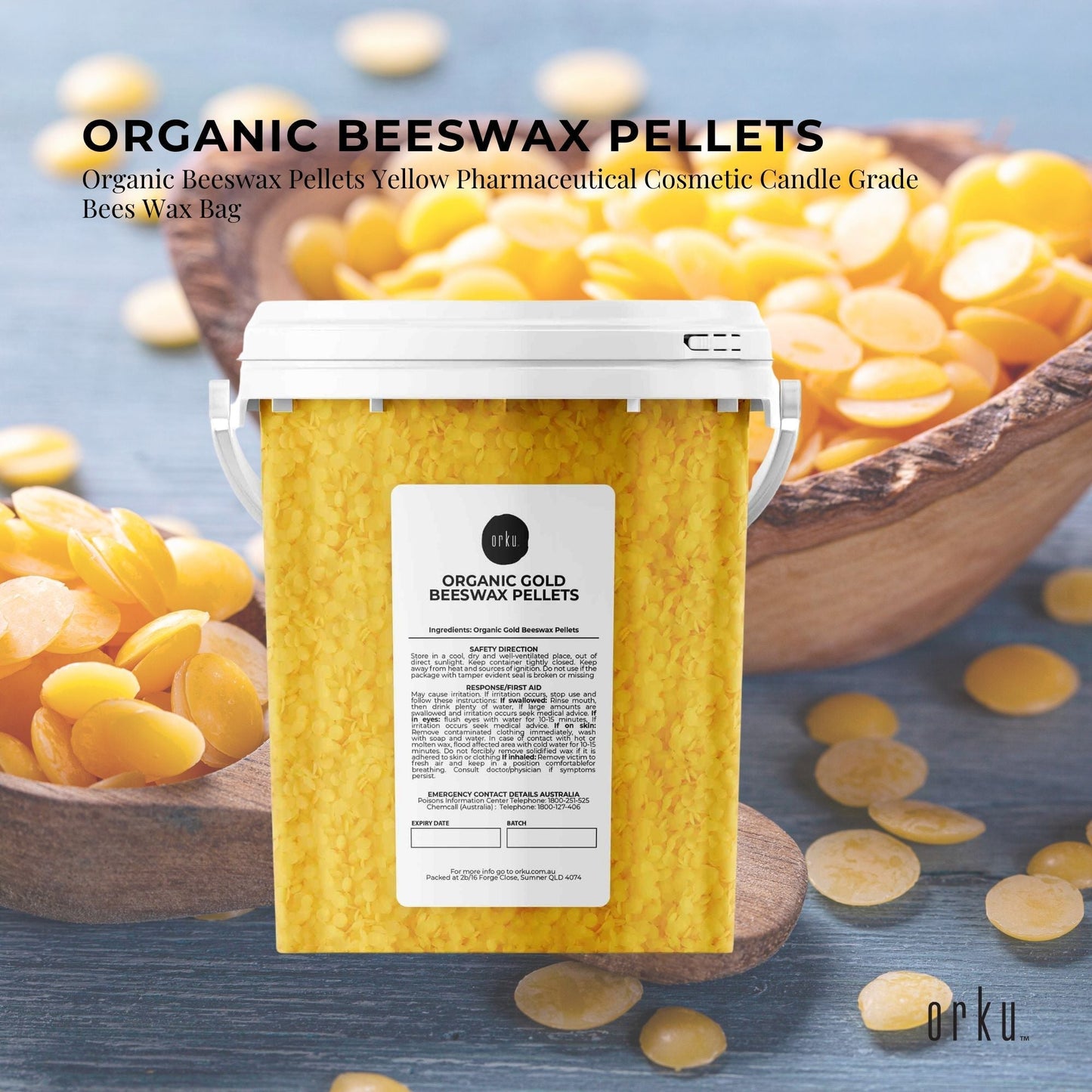 Orku 500g Organic Beeswax Pellets Yellow Tub - Cosmetic Grade Bees Wax Pastilles