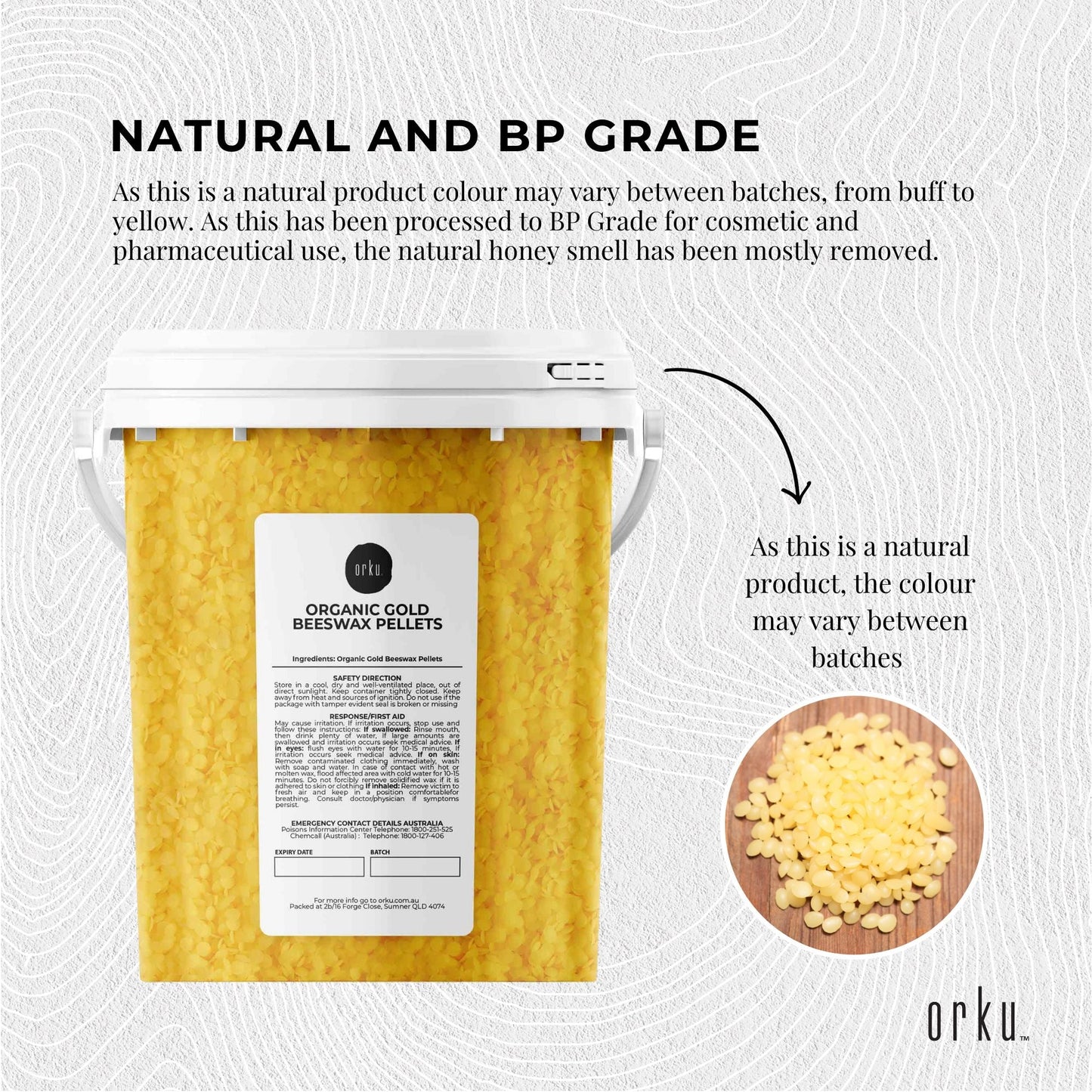 Orku 500g Organic Beeswax Pellets Yellow Tub - Cosmetic Grade Bees Wax Pastilles