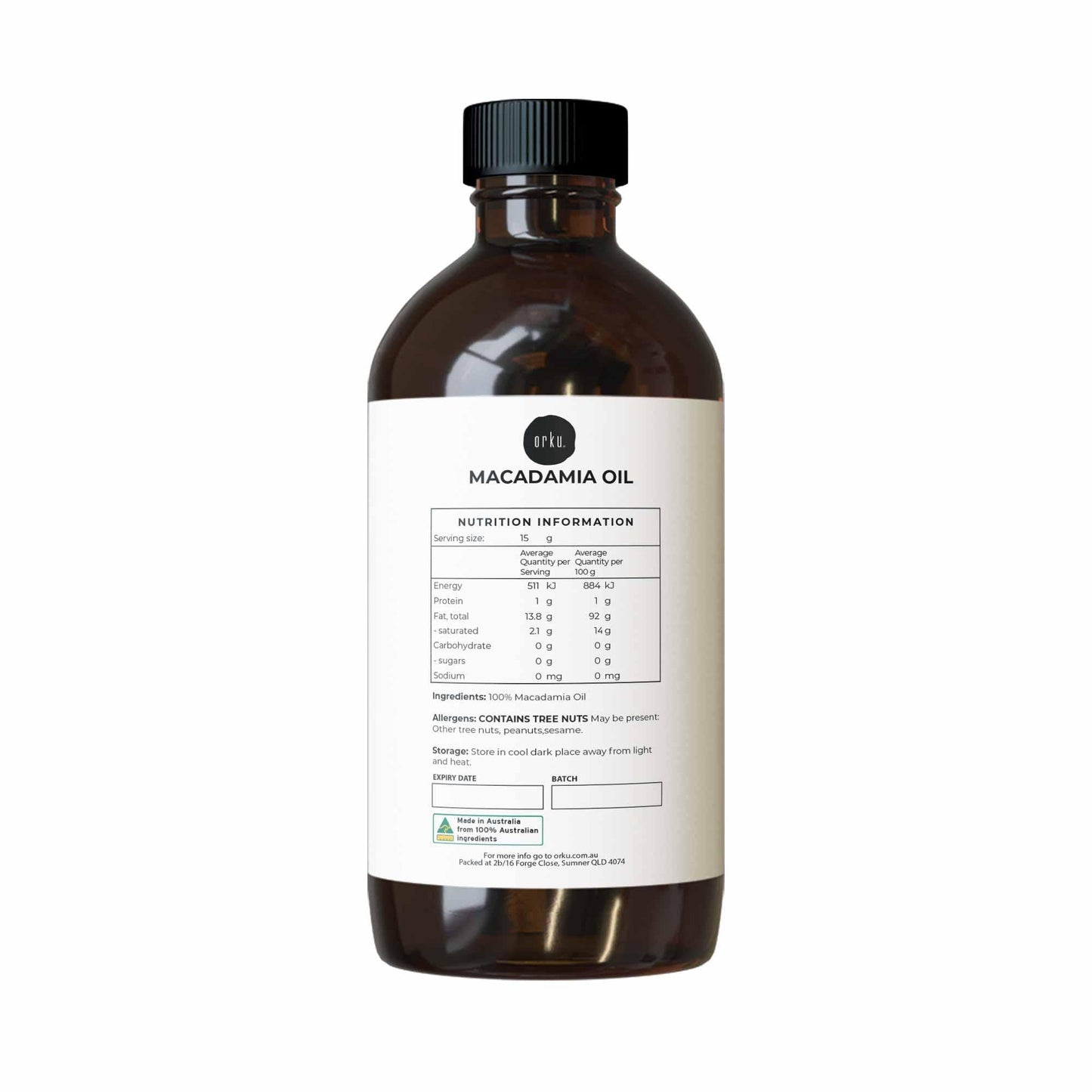 1L Orku Macadamia Nut Oil - Natural Cold Pressed Food Grade Pure Cooking Oils.