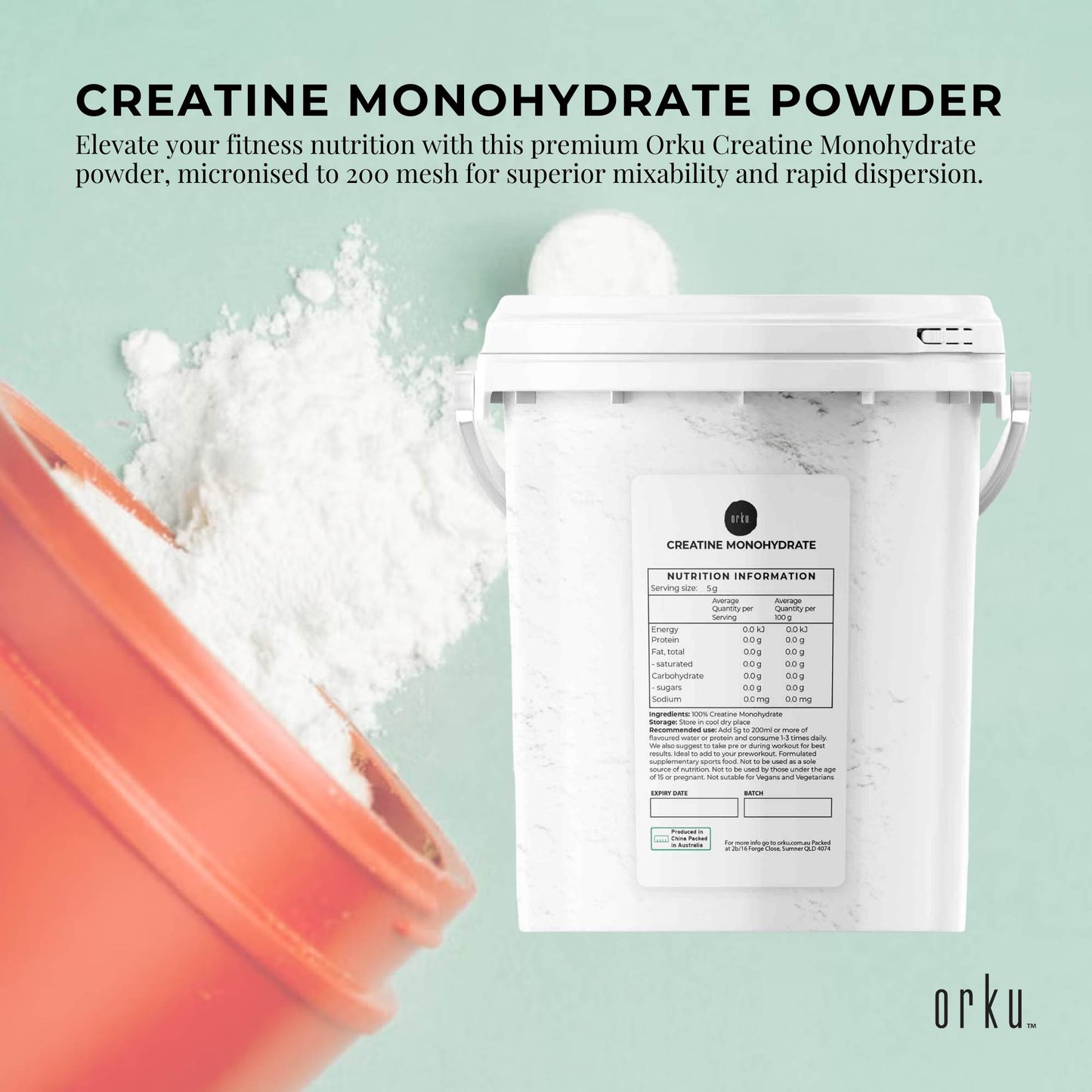 Orku 3Kg Creatine Monohydrate Powder Tub - 200 Mesh Micronised | 99.9% Purity