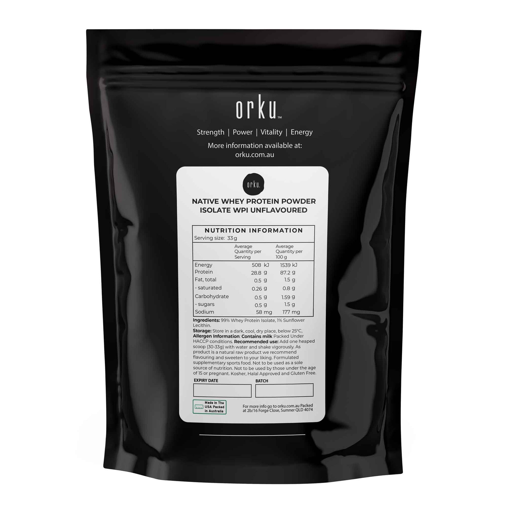 Orku 400g WPI Whey Protein Isolate Powder - Unflavoured Native Bag.