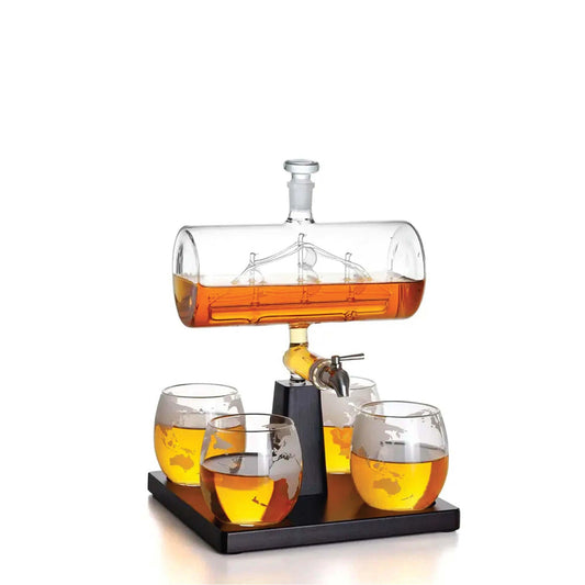 1L Whiskey or Wine Sailboat Glass Decanter Set - 4x Globe Glasses + Wooden Stand.