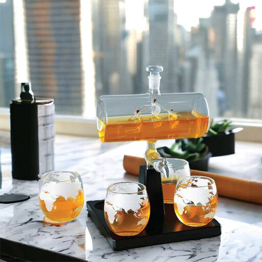 1L Whiskey or Wine Sailboat Glass Decanter Set - 4x Globe Glasses + Wooden Stand.