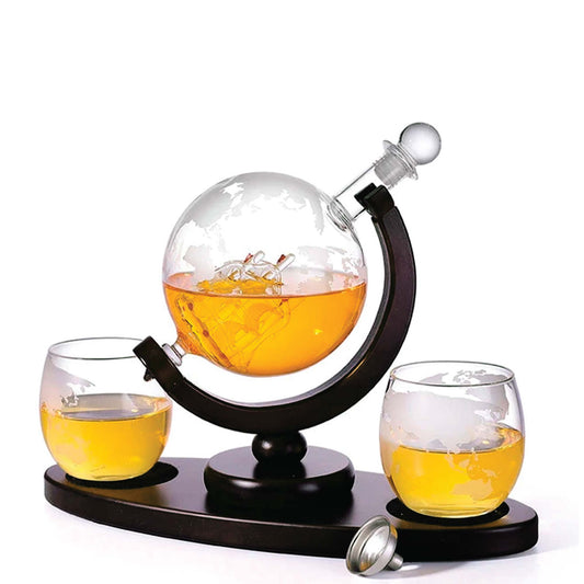 850ml Whiskey or Wine Globe Glass Decanter Set - 2x Glasses + Wooden Stand.