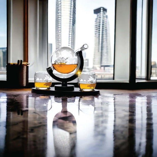 850ml Whiskey or Wine Globe Glass Decanter Set - 2x Glasses + Wooden Stand.