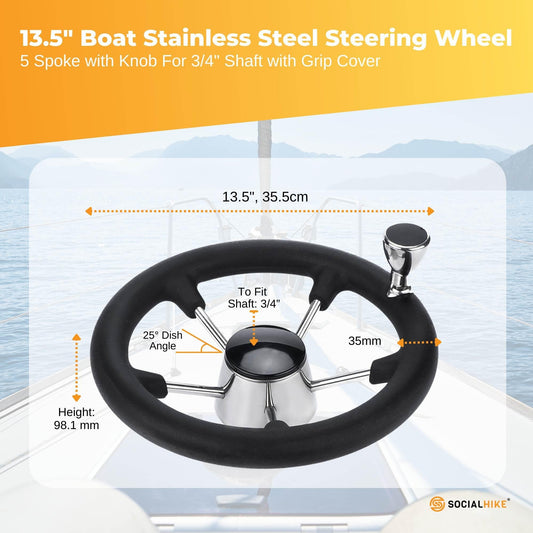 13.5" Boat Steering Wheel With Grip Cover - Stainless Steel 3/4" 5 Spoke With Knob.