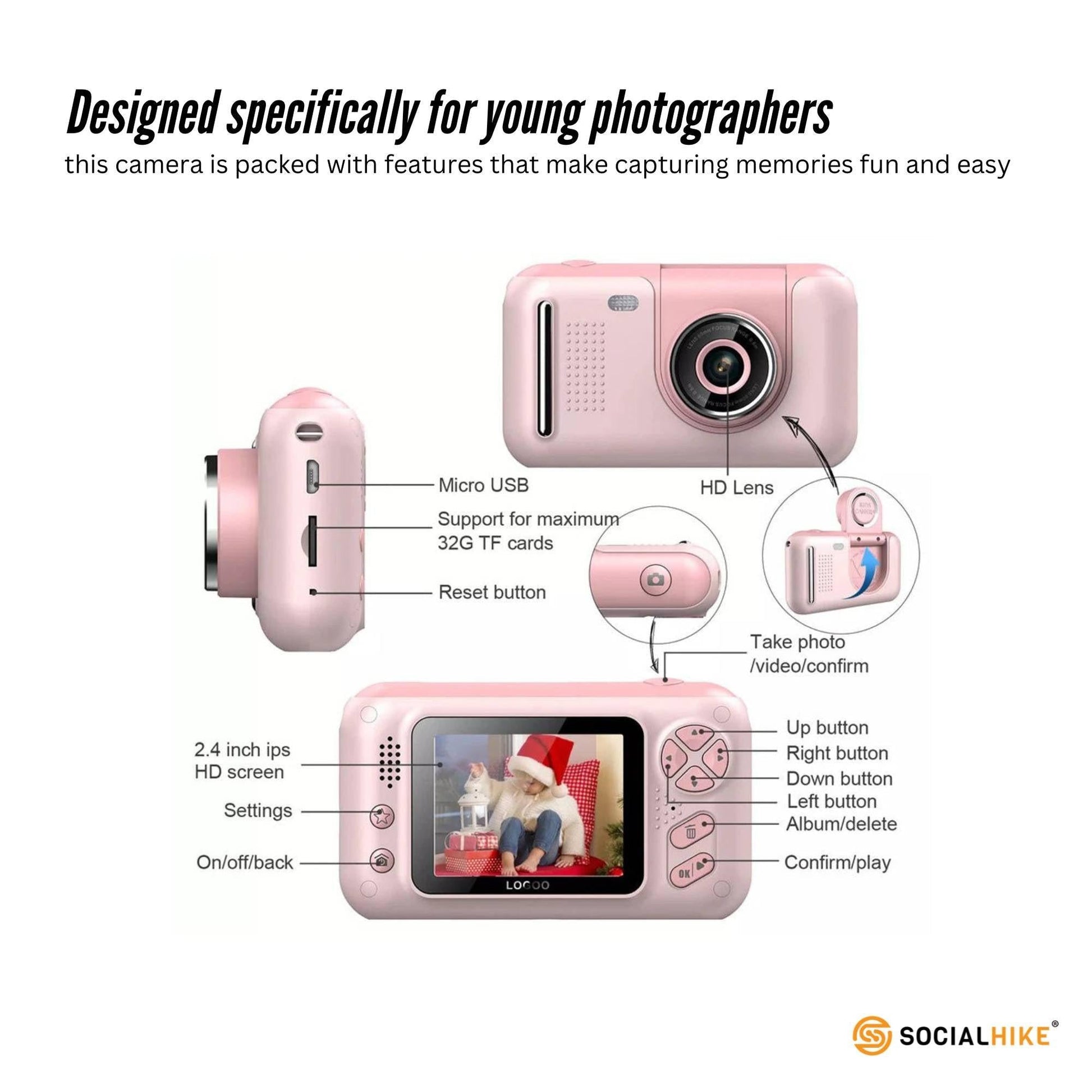 Kids HD Digital Camera Pink - Children's Selfie Photo Video 2.4 Inch Screen.