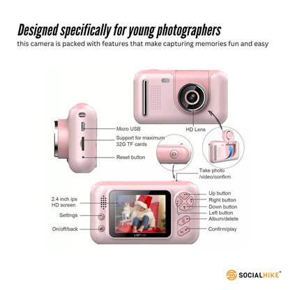 Kids HD Digital Camera Pink - Children's Selfie Photo Video 2.4 Inch Screen.
