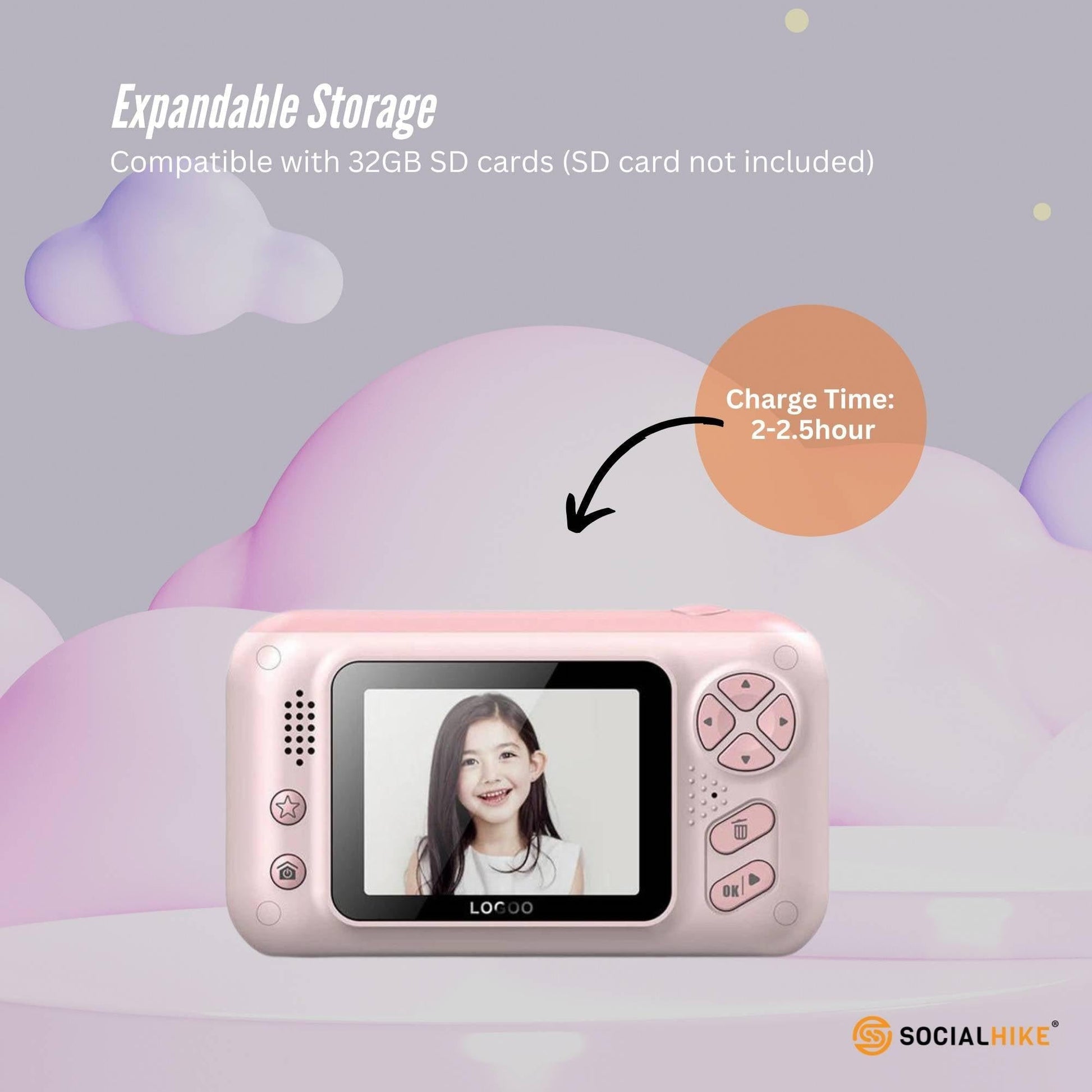 Kids HD Digital Camera Pink - Children's Selfie Photo Video 2.4 Inch Screen.