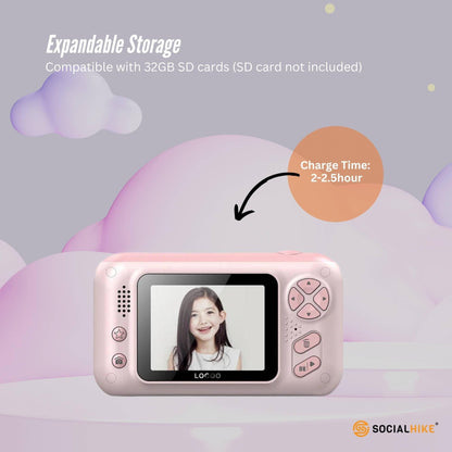Kids HD Digital Camera Pink - Children's Selfie Photo Video 2.4 Inch Screen.