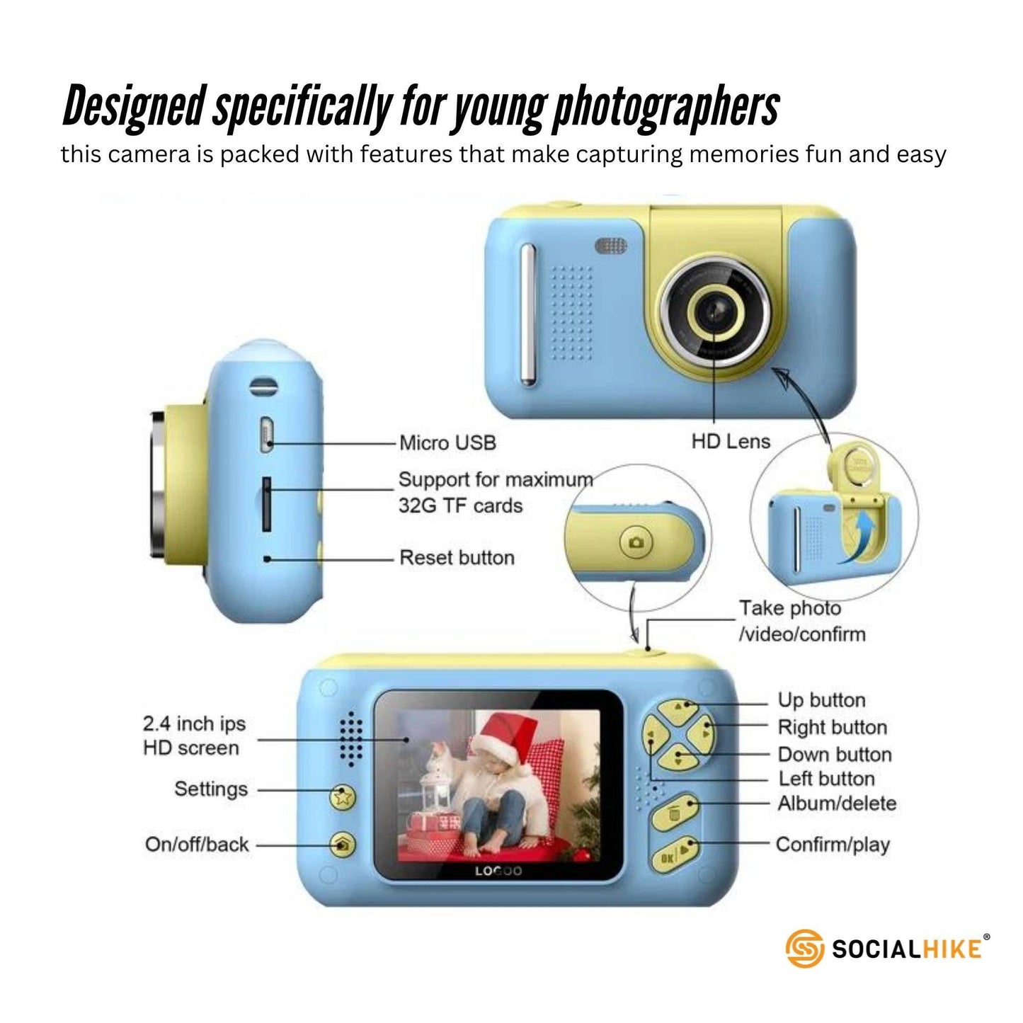Kids HD Digital Camera Blue - Children's Selfie Photo Video 2.4 Inch Screen.