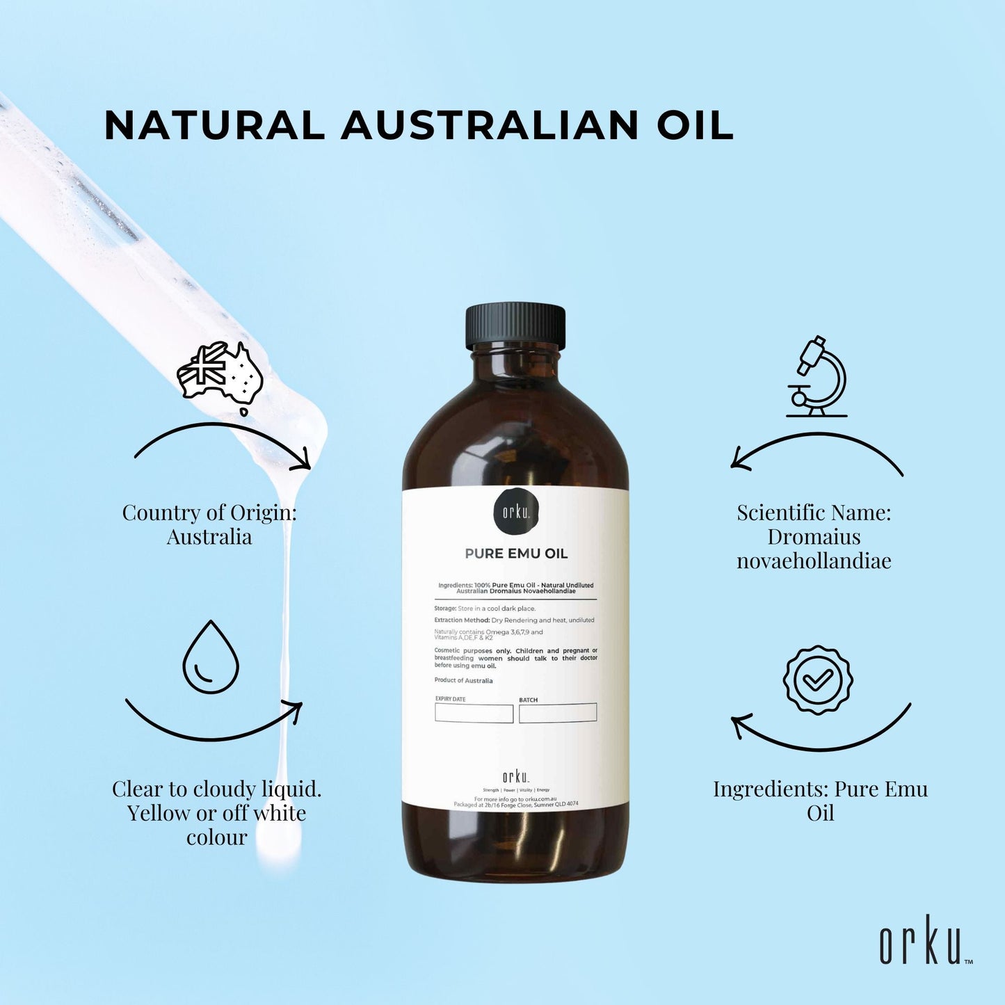 Orku 100ml Pure Emu Oil - Natural Undiluted Australian Dromaius Novaehollandiae