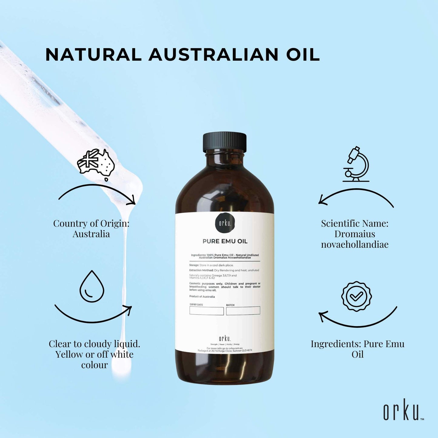 Orku 100ml Pure Emu Oil - Natural Undiluted Australian Dromaius Novaehollandiae