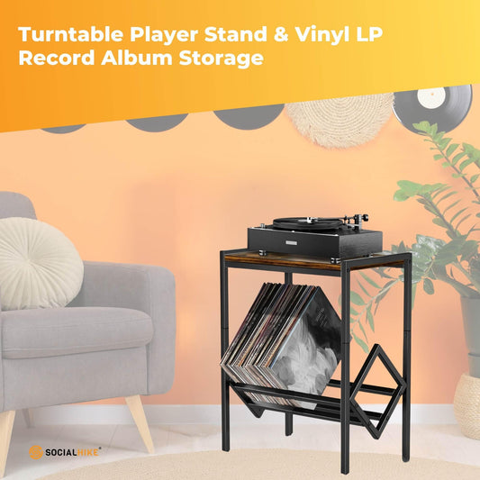 Social Hike Turntable Player Stand & Vinyl LP Record Album Storage - Black Metal.