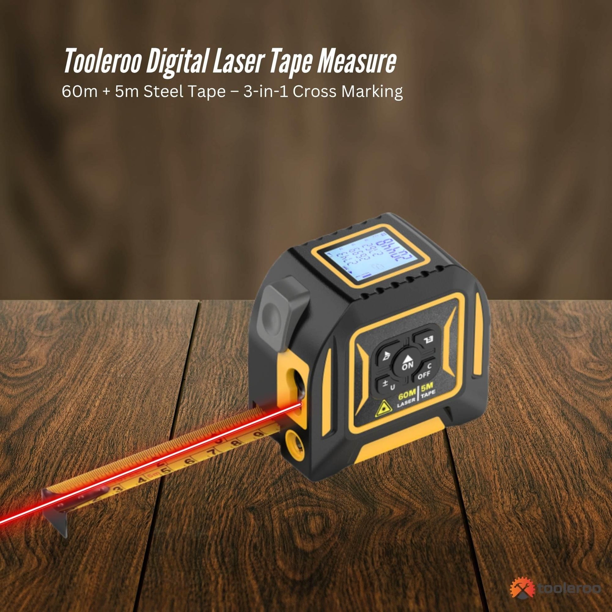 Tooleroo 60m Digital Laser Tape Measure + 5m Steel Tape â 3-in-1 Cross Marking.