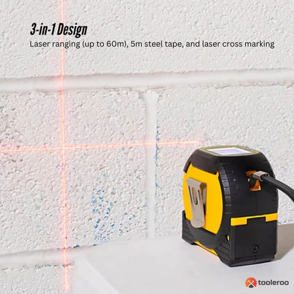 Tooleroo 60m Digital Laser Tape Measure + 5m Steel Tape â 3-in-1 Cross Marking.
