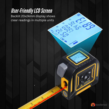 Tooleroo 60m Digital Laser Tape Measure + 5m Steel Tape â 3-in-1 Cross Marking.