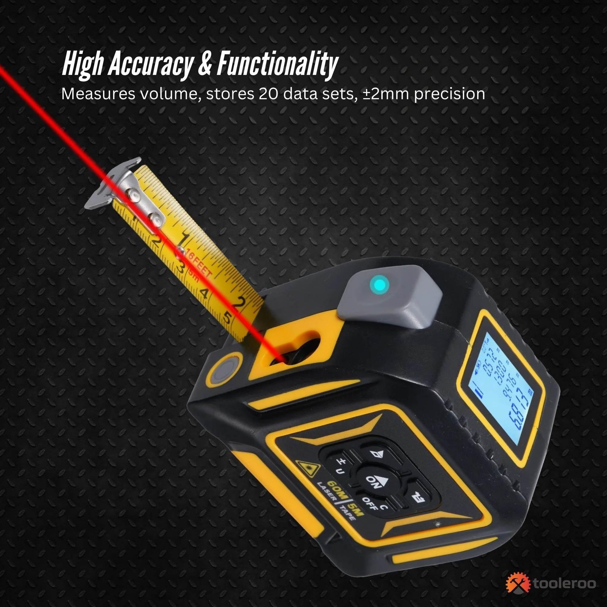 Tooleroo 60m Digital Laser Tape Measure + 5m Steel Tape â 3-in-1 Cross Marking.