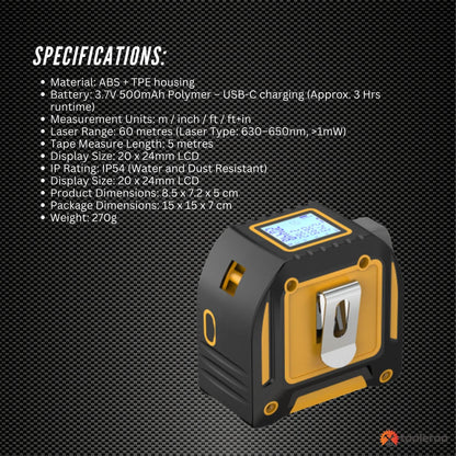 Tooleroo 60m Digital Laser Tape Measure + 5m Steel Tape â 3-in-1 Cross Marking.