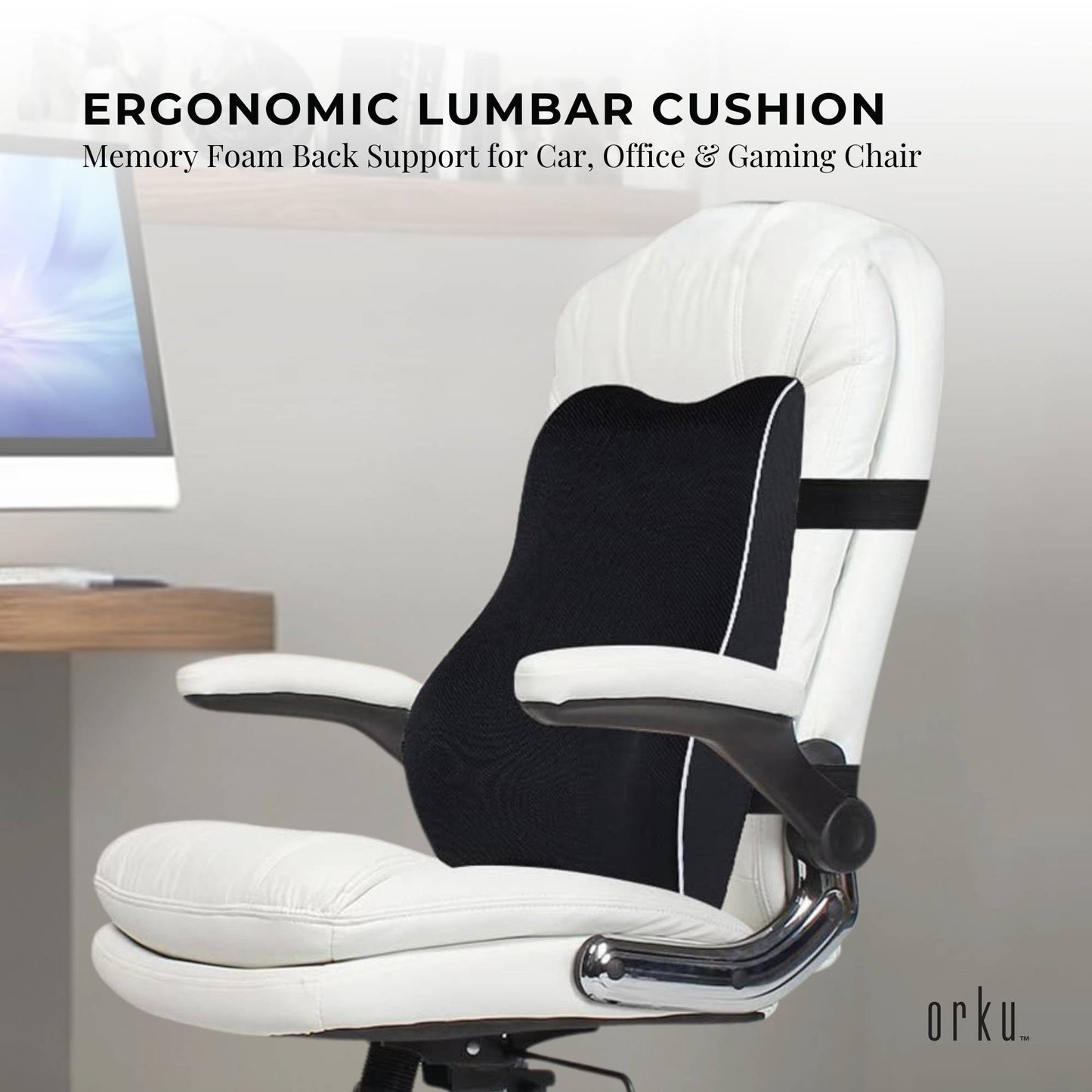 Orku Ergonomic Lumbar Cushion - Memory Foam Back Support Car Office Gaming Chair.