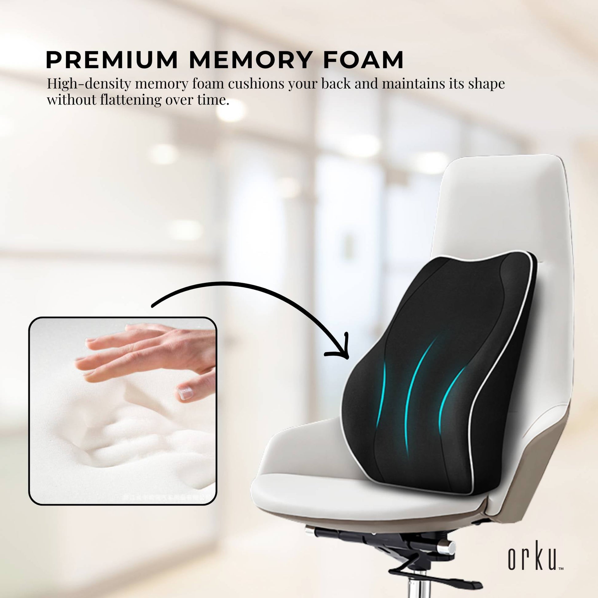 Orku Ergonomic Lumbar Cushion - Memory Foam Back Support Car Office Gaming Chair.