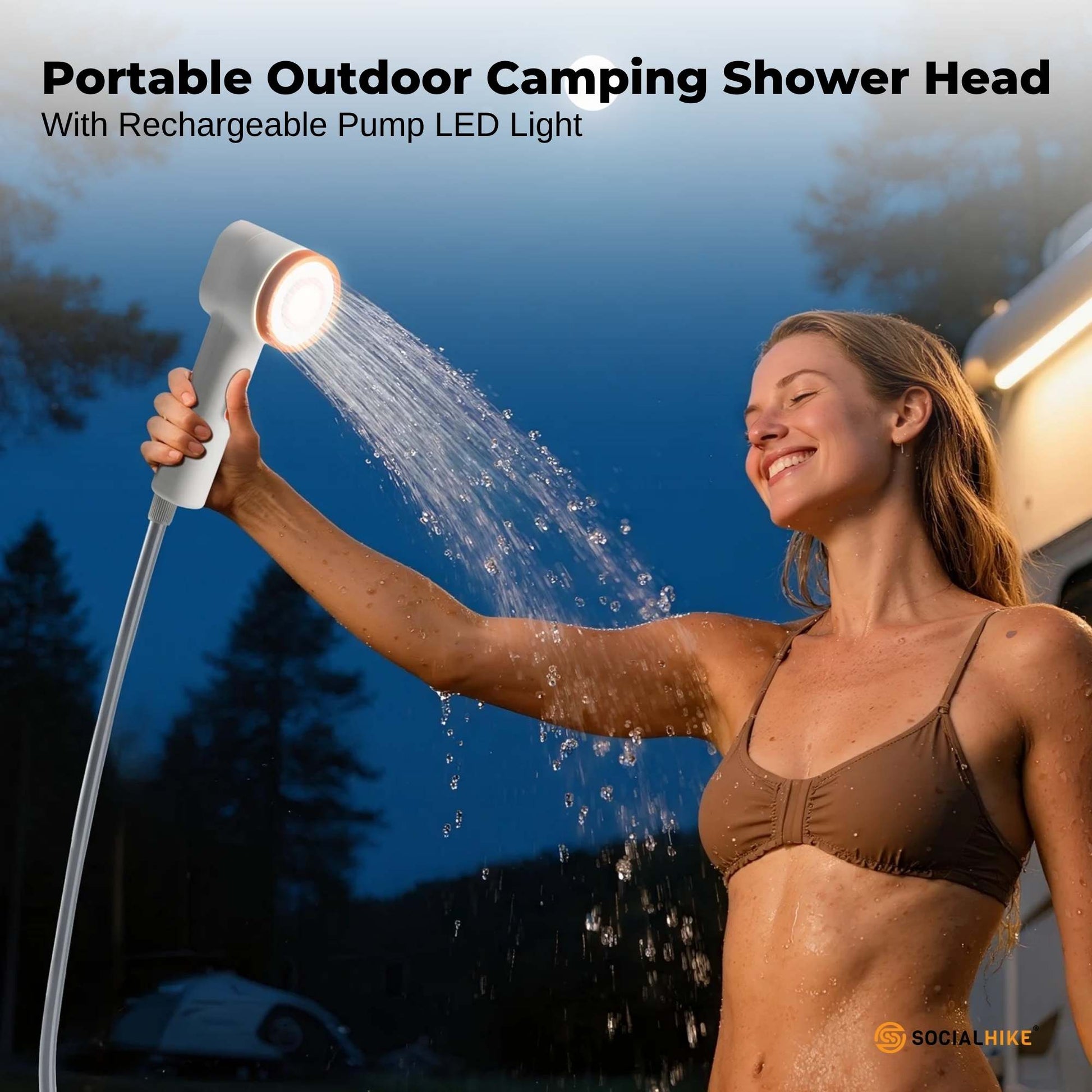 Social Hike Portable Camping Shower Head - Outdoor Rechargeable Pump LED Light.