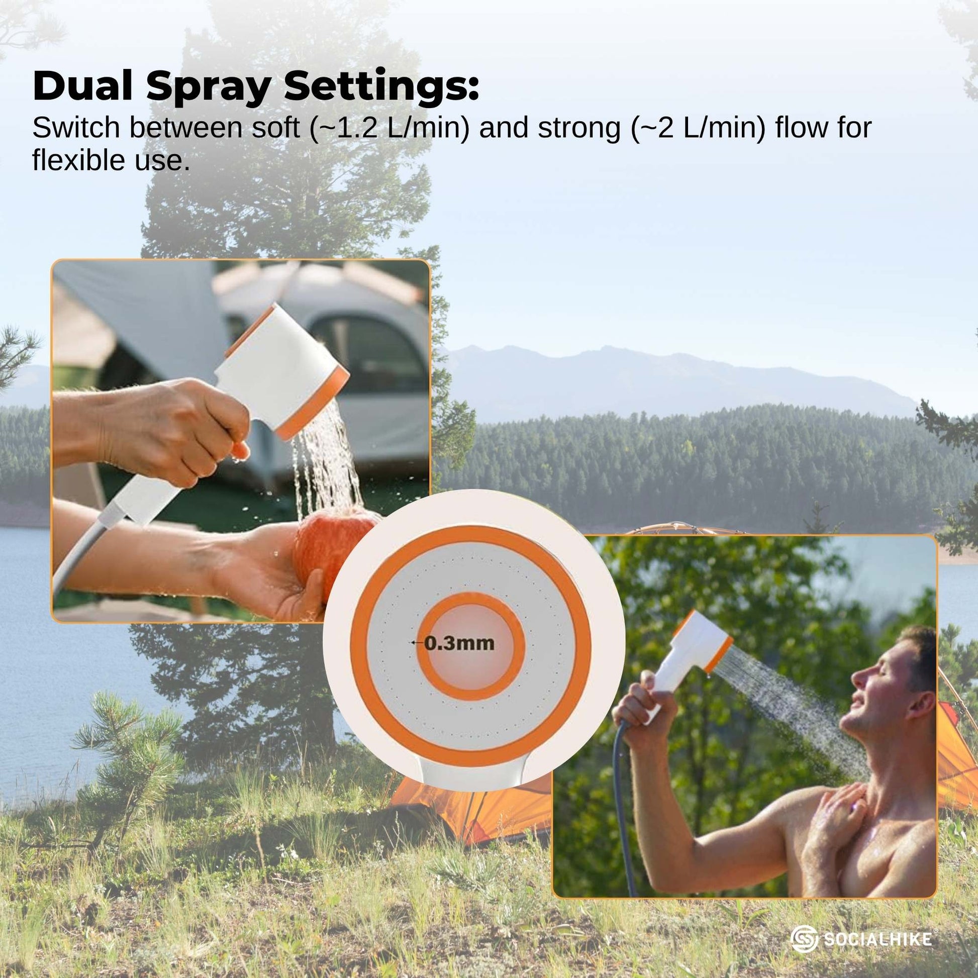 Social Hike Portable Camping Shower Head - Outdoor Rechargeable Pump LED Light.