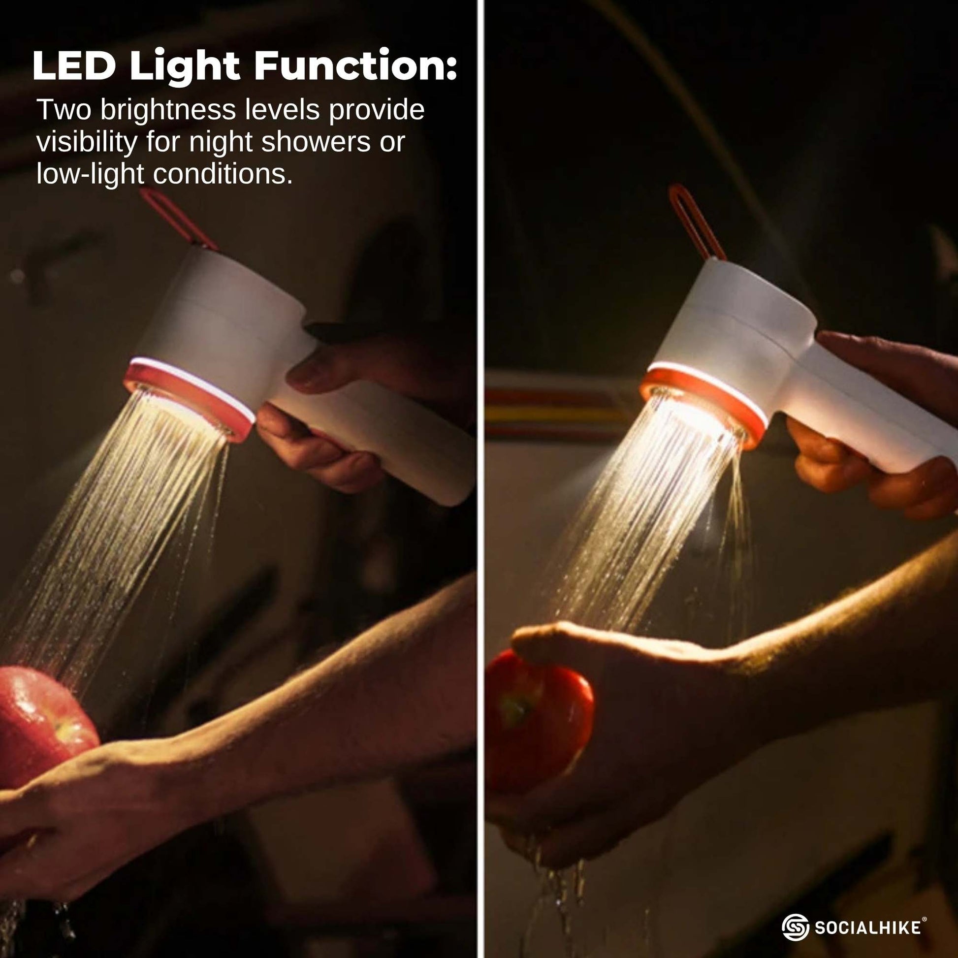 Social Hike Portable Camping Shower Head - Outdoor Rechargeable Pump LED Light.