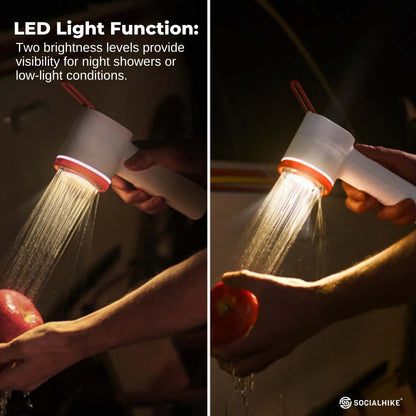 Social Hike Portable Camping Shower Head - Outdoor Rechargeable Pump LED Light.