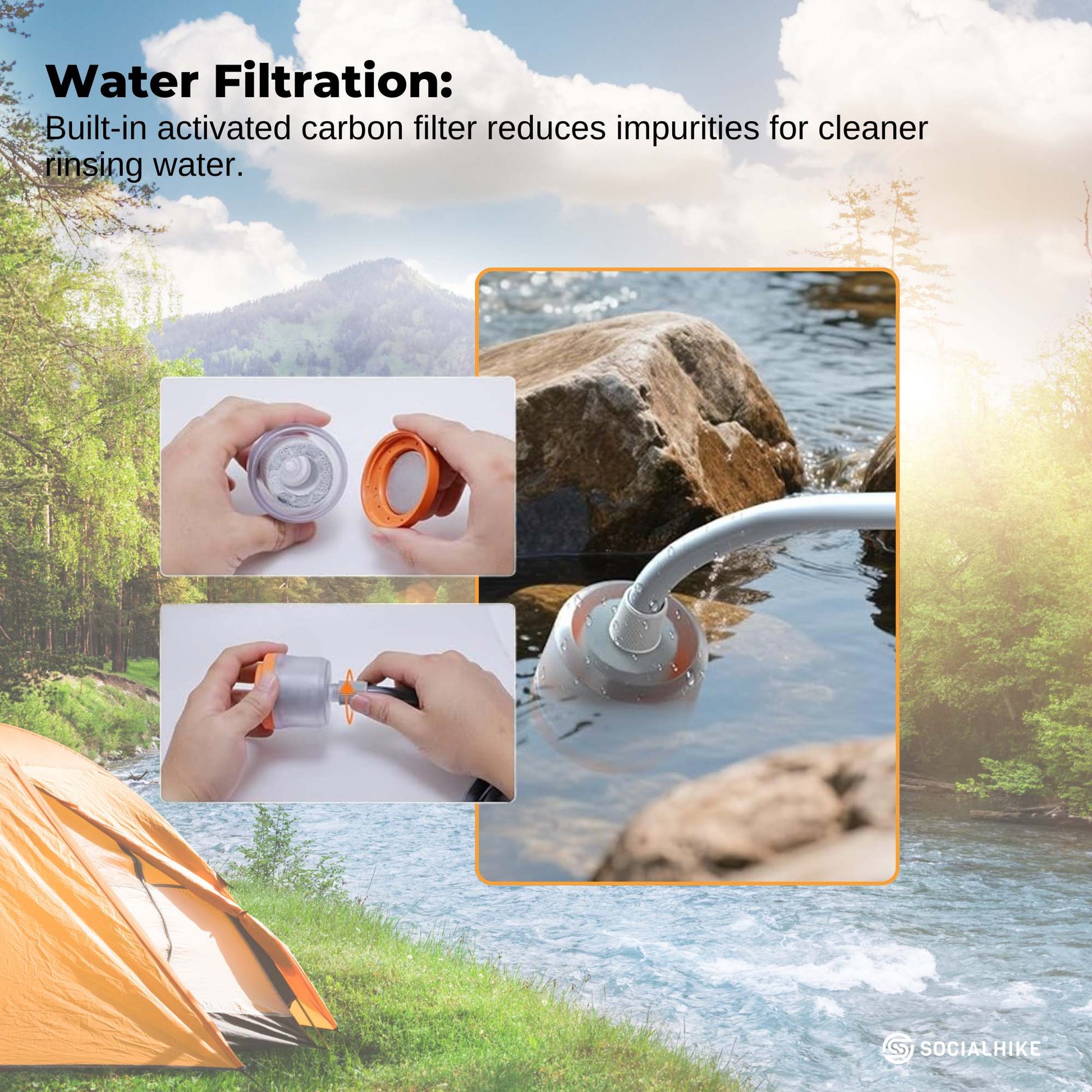 Social Hike Portable Camping Shower Head - Outdoor Rechargeable Pump LED Light.