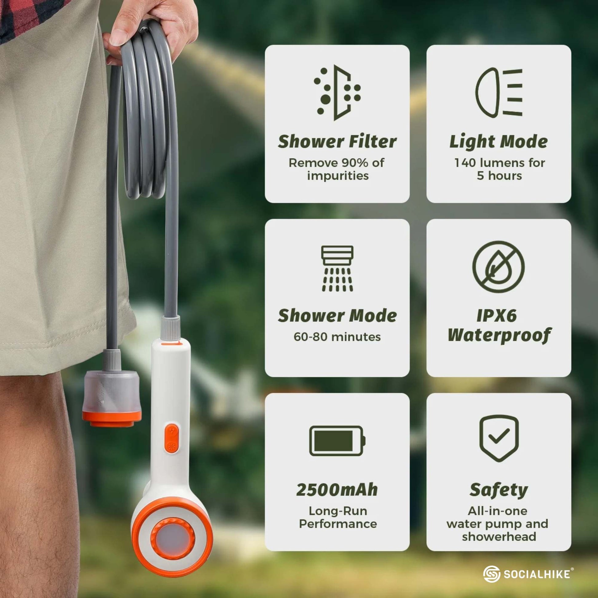 Social Hike Portable Camping Shower Head - Outdoor Rechargeable Pump LED Light.