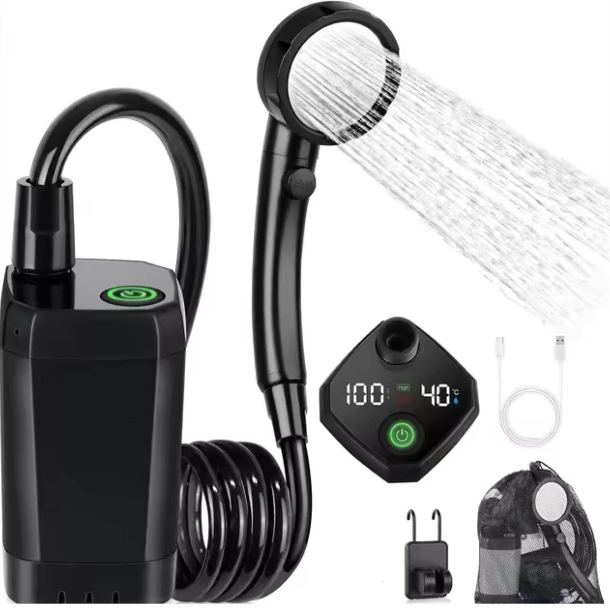 Social Hike Portable Camping Shower Kit - 6000MAh Outdoor Rechargeable Pump LED.