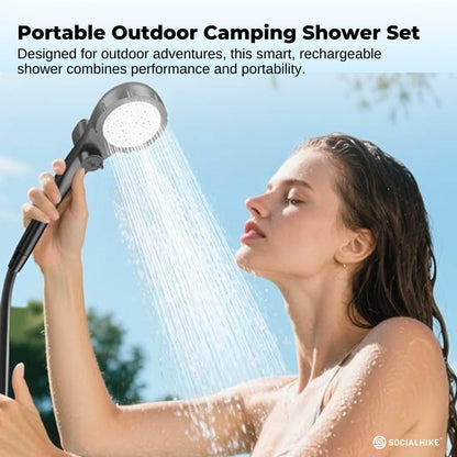 Social Hike Portable Camping Shower Kit - 6000MAh Outdoor Rechargeable Pump LED.
