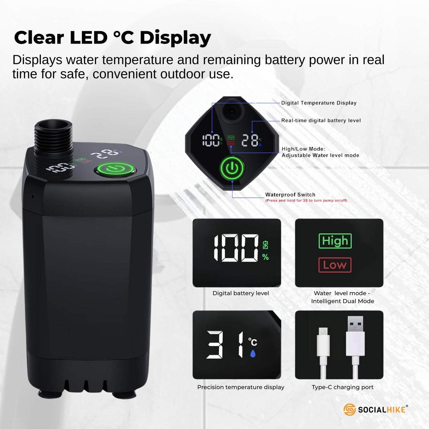 Social Hike Portable Camping Shower Kit - 6000MAh Outdoor Rechargeable Pump LED.