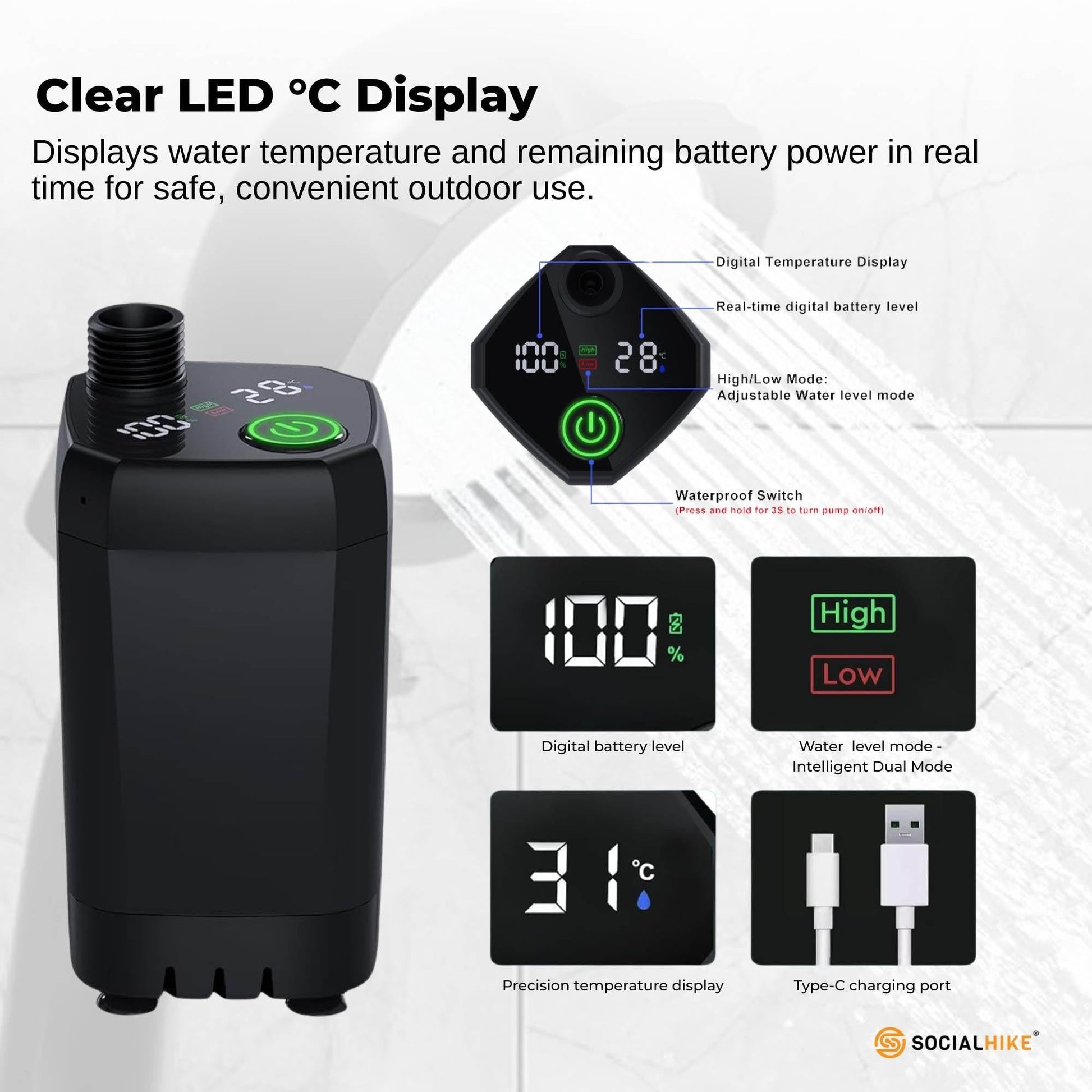 Social Hike Portable Camping Shower Kit - 6000MAh Outdoor Rechargeable Pump LED.