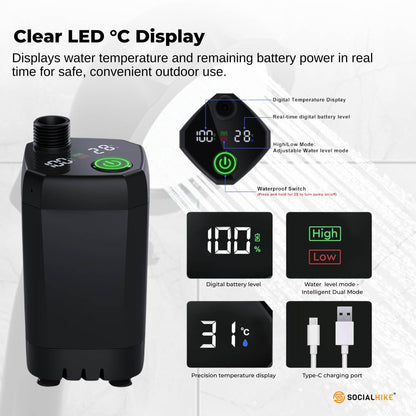 Social Hike Portable Camping Shower Kit - 6000MAh Outdoor Rechargeable Pump LED.