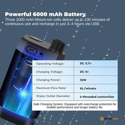 Social Hike Portable Camping Shower Kit - 6000MAh Outdoor Rechargeable Pump LED.