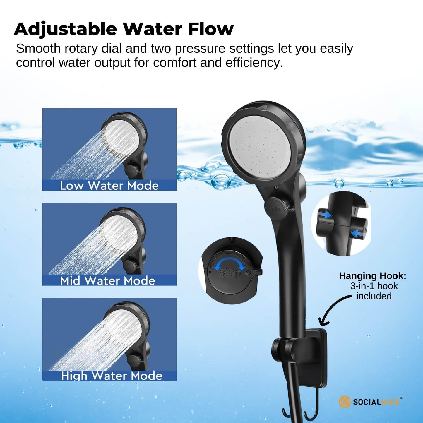 Social Hike Portable Camping Shower Kit - 6000MAh Outdoor Rechargeable Pump LED.