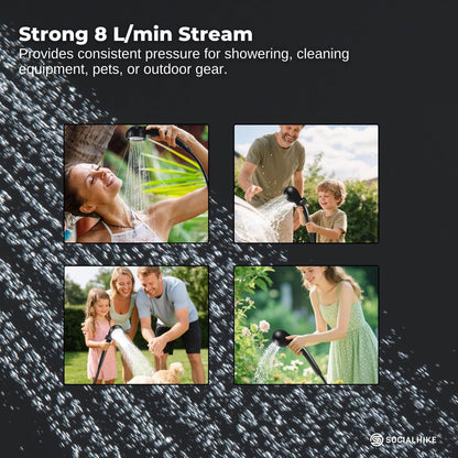 Social Hike Portable Camping Shower Kit - 6000MAh Outdoor Rechargeable Pump LED.