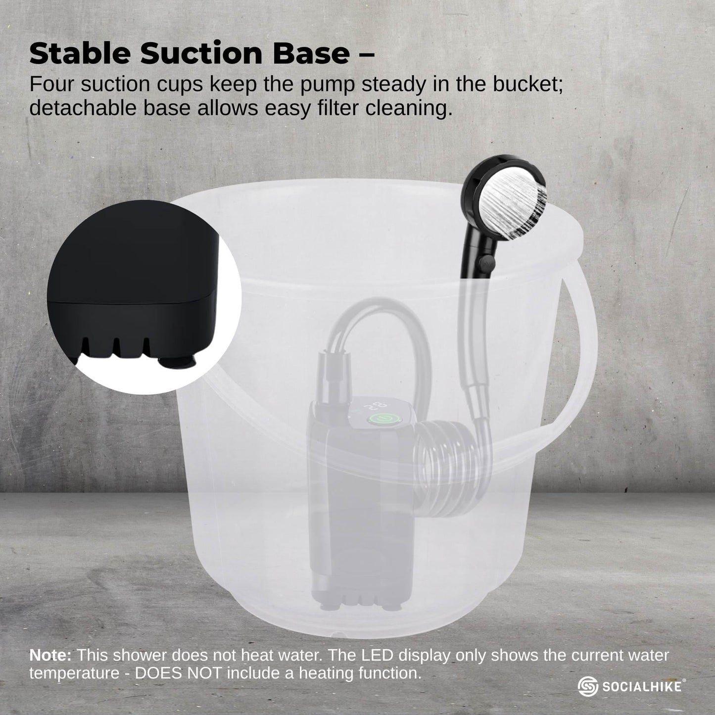 Social Hike Portable Camping Shower Kit - 6000MAh Outdoor Rechargeable Pump LED.