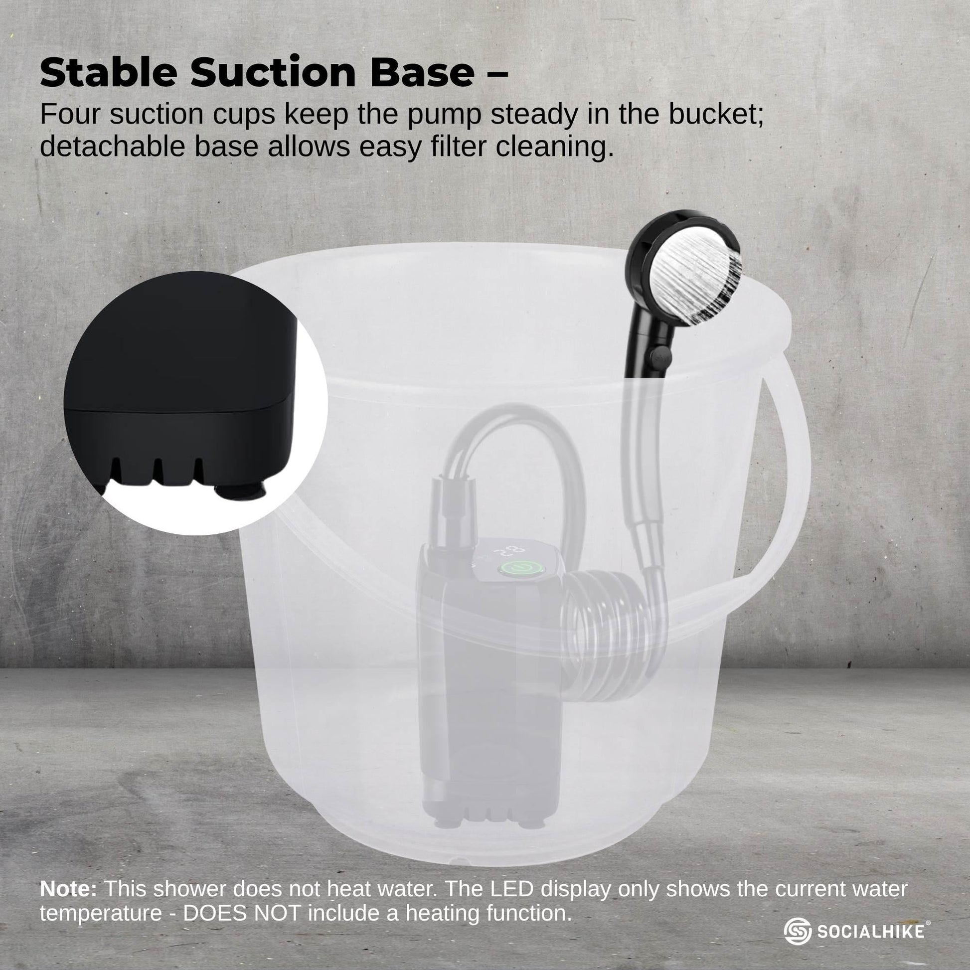 Social Hike Portable Camping Shower Kit - 6000MAh Outdoor Rechargeable Pump LED.