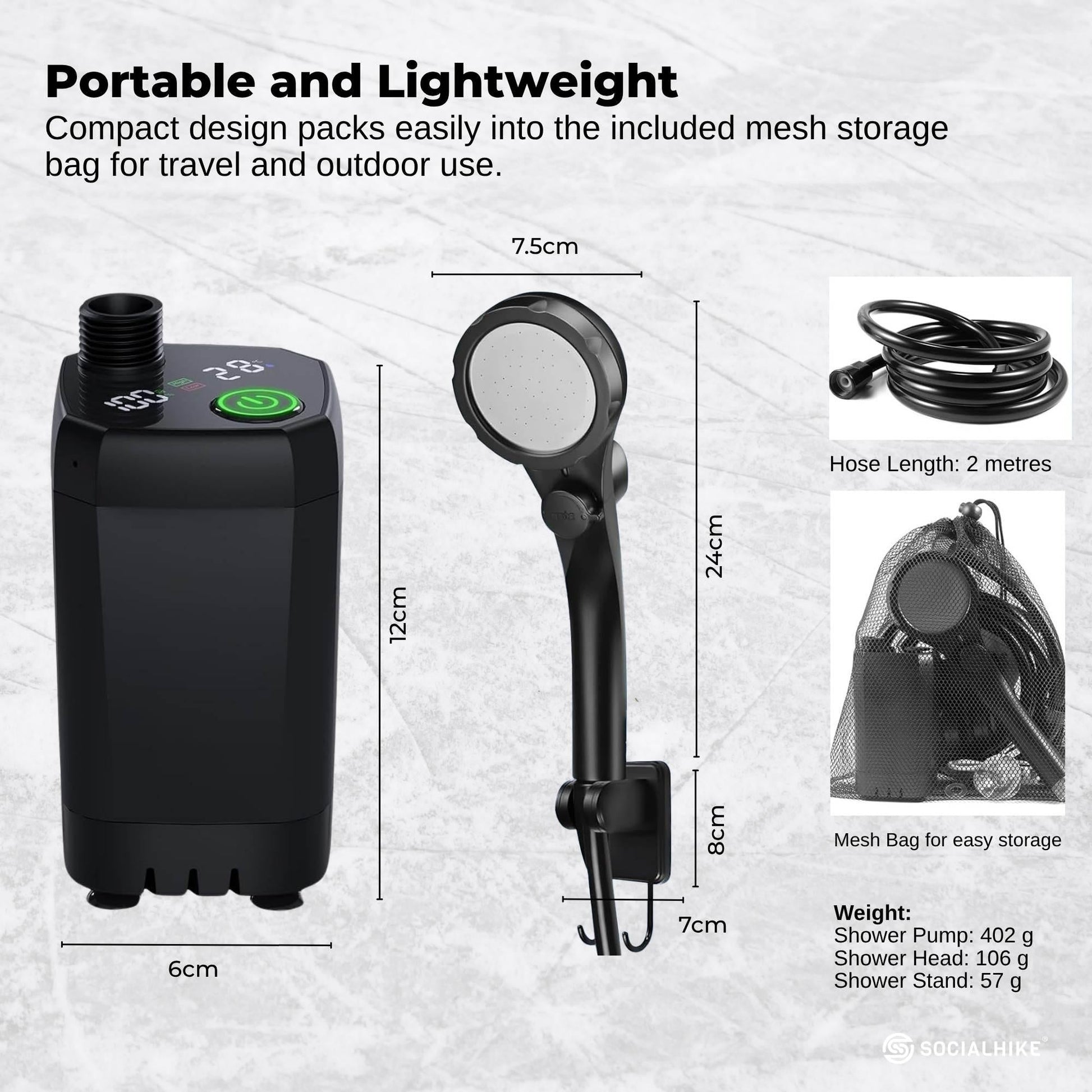 Social Hike Portable Camping Shower Kit - 6000MAh Outdoor Rechargeable Pump LED.