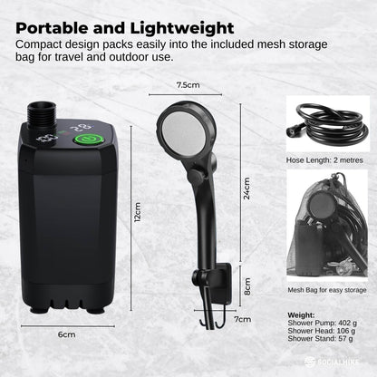 Social Hike Portable Camping Shower Kit - 6000MAh Outdoor Rechargeable Pump LED.